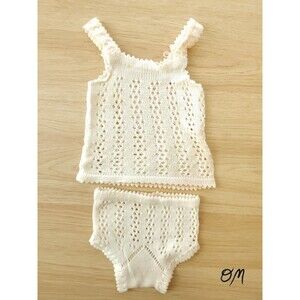 Vintage Homemade Baby Girl Cream and Pink Ribbon Knit Top and Bloomers Set